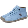 Hand-stitched light blue leather ankle boots with durable rubber sole for casual wear - 38 / Sky Blue