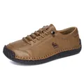 Men's brown hand-stitched leather outdoor casual loafers with wide fit and rubber sole - 38 / Brown