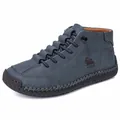 Durable blue high-top hand-stitched leather casual boots with flat sole for autumn winter - 37 / Hand-Stitched Martin Shoes (W8068) / Blue