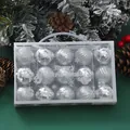 Detail view of silver Christmas ornament ball set in festive packaging with pine cones. - Bright Silver Style (YJ-0036) / Set of 15