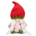 Détail d'un gnome en peluche fraise avec chapeau rouge et corps à motifs roses - Style Femme (Avec Tresses)