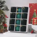Set of 12 dark green flocked and glitter Christmas ornaments in a white gift box - Green Flocked Ball / 12 Pieces/Pack