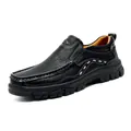 Comfortable men's black casual leather outdoor shoes with a durable slip-on design - 38 / Black