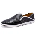 Atmungsaktive Herren-Loafer aus echtem Leder mit Lochmuster und Slip-on-Design in Schwarz-Weiß - 38 / Schwarz