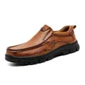 Classic brown leather men's casual outdoor shoes with breathable stitching and thick black sole - 38 / Tan