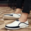 Breathable men's navy and white contrast genuine leather loafers with stitch detailing - 38 / White (5889 Standard Style)