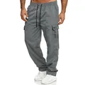 Detailed view of men's grey cargo sweatpants featuring drawstring waist and side pockets - XS / Bottoms / Gray