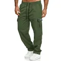 Close-up detail shot of men's olive green cargo sweatpants with drawstring waist and pockets - XS / Bottoms / Army Green