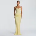 Elegante abito lungo a corsetto giallo pallido con scollo quadrato e gonna drappeggiata - Taglia M / Giallo