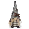 Detailed view of coffee-themed plush gnome with waffle hat and plaid outfit. - Gray Coffee Gnome Ornament / Female Style