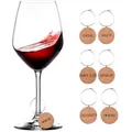 Detail of six eco-friendly cork wine glass charms with engraved social phrases - English Lettering Style / 6 Pcs Set