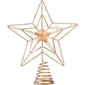 Detailansicht einer goldenen Christbaumspitze aus Draht mit warmweißen LED-Lichterketten. - Double Hollow LED Star / Stil A