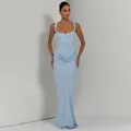 Elegante abito lungo azzurro con scollo quadrato e vita a corsetto di alta qualità - Taglia S / Blu