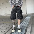 Loose straight black denim shorts for men with sparkling white rhinestone detailing - S / Black