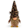 Vue détaillée d'un gnome de Noël en peluche avec chapeau léopard et barbe duveteuse - Petite Jambe 19x13x42cm