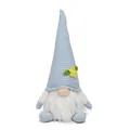 Detail view of a spring Easter gnome plush with light blue hat and yellow flower - Blue
