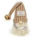 Macro view of coffee gnome decoration featuring knitted hat with Enjoy your Coffee tag - 17x16x42cm / Light Brown
