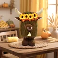 Close-up of Highland Cow plush with sunflower crown and autumn harvest themed decor props - Maple Leaf Pattern