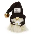 Detail of a coffee gnome doll with "Enjoy Your Coffee" patch holding a miniature cup. - 17x16x42cm / Dark Brown