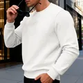 Detail view of men's white crew neck sweatshirt with textured waffle grid pattern - White