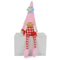 Detailed view of a cute pink plush gnome with a resin face and red checkered overalls - Female Style (BH247562A) / 10*7*33cm