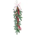 Elegante adorno navideño nórdico para porta con piñas, bayas rojas y cinta blanca - Guirnalda de 70cm