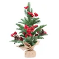 Mini artificial Christmas tree 42cm featuring red berries pine cones and burlap base decoration - Tabletop Berry Cluster Tree