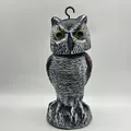 Detailed view of a realistic owl decoy with an S-hook for effective bird scaring outdoors. - Rotating Round Ear with Hook (PE Bag)