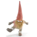 Detailed view of a charming dancing Christmas gnome figurine with a long pink knit hat - 38x12x62cm / Magenta