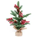 42cm Mini Christmas tree with pine cones and red berries on a rustic burlap base - Tabletop Berry Tree