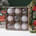 Set of 9 assorted 6cm Christmas ornaments in gift box with white and festive designs - 9 Pieces/Pack / White (01968)