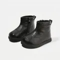 Botines de cuero negro para niños pequeños, zapatos de invierno para aprender a caminar - Talla 22/Longitud Interior 15,0 cm / Negro