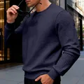 Close-up of men's navy sweatshirt with subtle waffle grid texture for casual wear. - S / Tops / Navy Blue