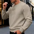 Close-up of men's casual long sleeve sweatshirt with waffle texture and crew neck. - S / Tops / Khaki
