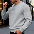 Detailed view of men's grey waffle texture crewneck sweatshirt with ribbed cuffs - S / Tops / Light Gray