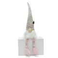 Close-up detail of a striped coffee themed gnome doll with long dangling legs on a box - Striped