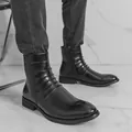 Bottes Chelsea classiques en cuir noir pour hommes avec fermeture éclair et plis - 38 / Noir (6819)
