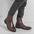 Bottines Chelsea rétro en cuir marron pour hommes avec bout pointu et zip latéral. - 38 / Dark Brown (6819)
