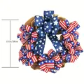 Patriotic 15-inch Independence Day burlap wreath with red white blue striped ribbons. - 38cm / 15in