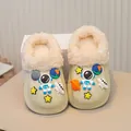 Beige fleece-lined children's slippers featuring cute 3D astronaut and space charms for winter - 24 / Space Astronaut Style (212DS31) / Sand