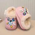 Cute pink kids space astronaut themed cotton slippers with warm fuzzy plush lining - 24 / Space Astronaut Style (212DS31) / Pink