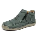 Premium handmade leather high-top outdoor casual slip-on shoes for women in dark blue-grey - 35 / Green