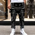 Men's black bandana paisley cargo pants with loose hip-hop style and tapered fit. - S / Bottoms / Black