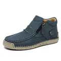 Navy blue high-top handmade leather outdoor casual shoes with side zipper detail - Dark Blue