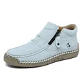 Light blue high-top women's outdoor casual leather shoes with zipper and handmade stitching - Sky Blue