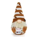 Primer plano de un gnomo de café con gorro de rayas y una pequeña taza de café. - 12*9*23cm / Rayas Marrón Blanco