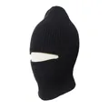 Side profile close-up of a black ribbed knit balaclava for winter warmth protection. - Black