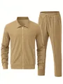 Zweiteiliges Herren-Trainingsanzug-Set aus Waffelstrick mit Reißverschlussjacke und Hose - Khaki