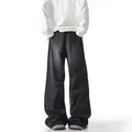 Men's loose wide-leg washed black jeans in retro straight-cut style, back view angle. - S / Bottoms / Black
