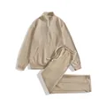 Men's waffle knit tracksuit set with half-zip sweatshirt and matching trousers - S / Top And Bottom / Khaki